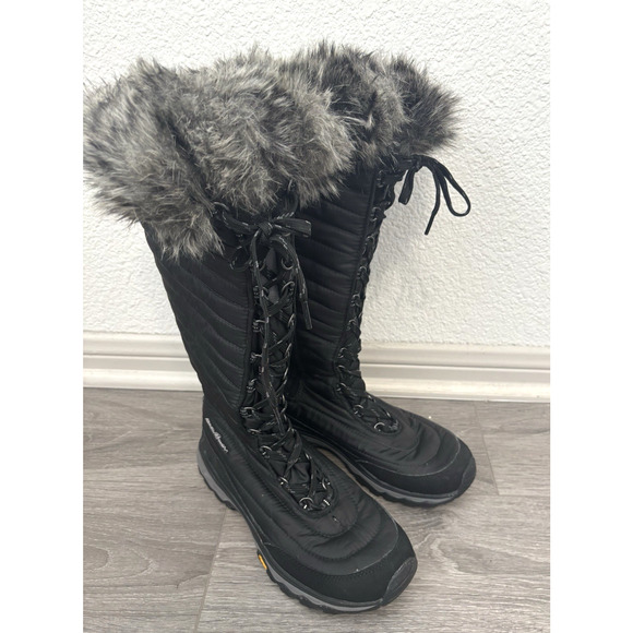 Eddie Bauer Boots Womens 8.5 Black Faux Fur Lace Up Thermafill Winter Snow Boots - Picture 1 of 12